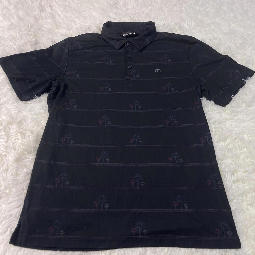 Travis Mathew Palm Tree Print Golf Polo Shirt Mens M Black Short Sleeve